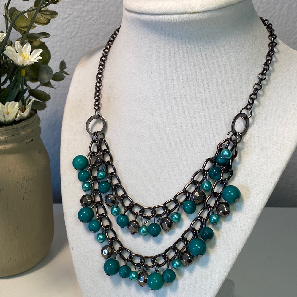 Teal Green & Chrome Bauble Beaded Gun Metal Necklace
